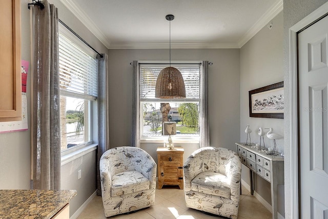 living area featuring ornamental molding and light tile patterned flooring