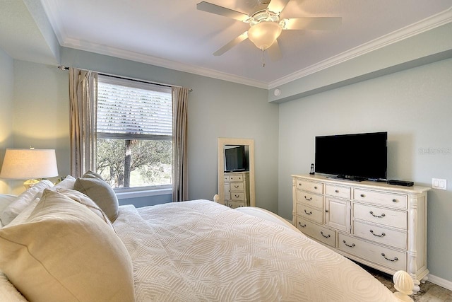 bedroom with crown molding and ceiling fan