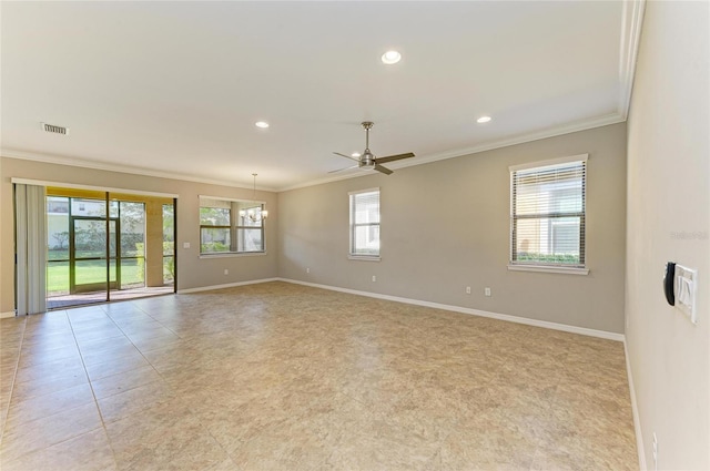 unfurnished room featuring crown molding, ceiling fan with notable chandelier, and light tile patterned flooring