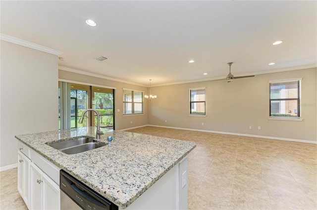 kitchen with sink, a center island with sink, stainless steel dishwasher, light stone countertops, and white cabinets