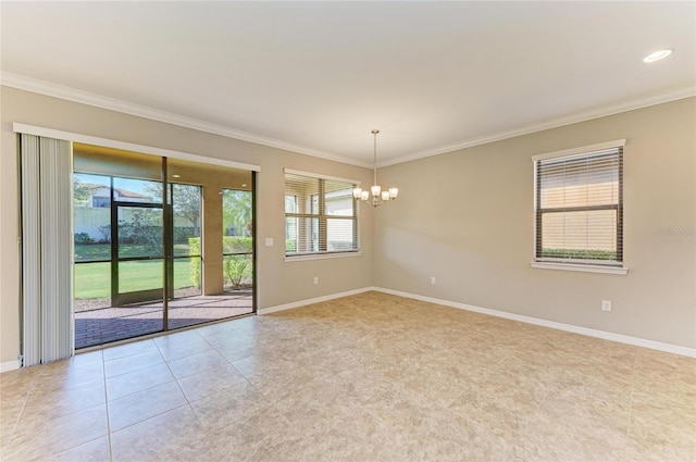 empty room featuring light tile patterned floors, ornamental molding, and a chandelier