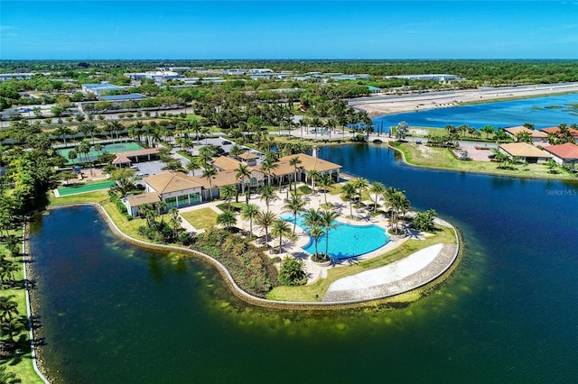 birds eye view of property featuring a water view