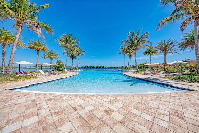 view of swimming pool featuring a water view