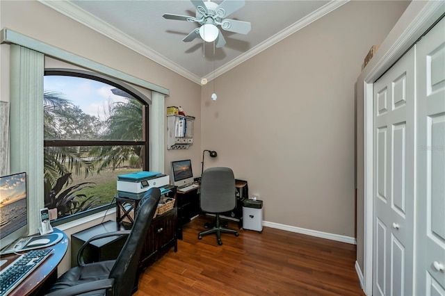 office with crown molding, dark wood-type flooring, and ceiling fan