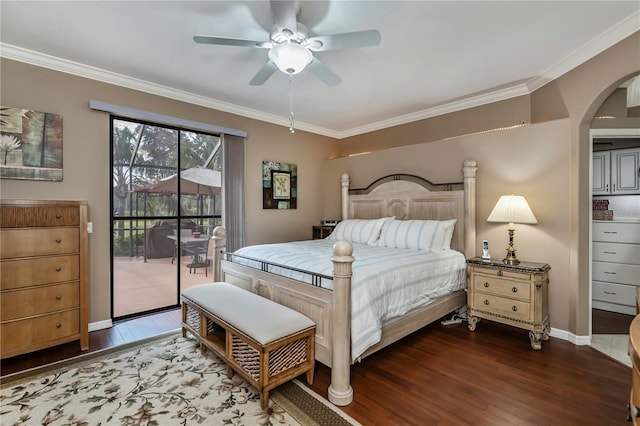 bedroom featuring ceiling fan, ornamental molding, hardwood / wood-style floors, and access to outside