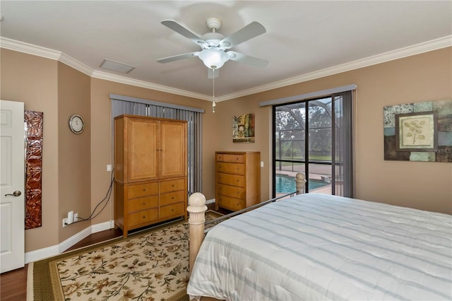 bedroom with ceiling fan, ornamental molding, wood-type flooring, and access to exterior