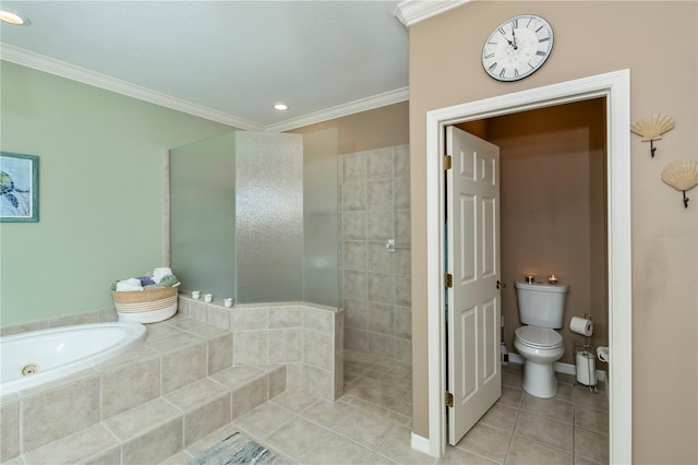 bathroom featuring tile patterned flooring, crown molding, independent shower and bath, and toilet