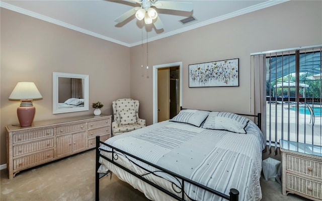 carpeted bedroom featuring access to exterior, crown molding, and ceiling fan