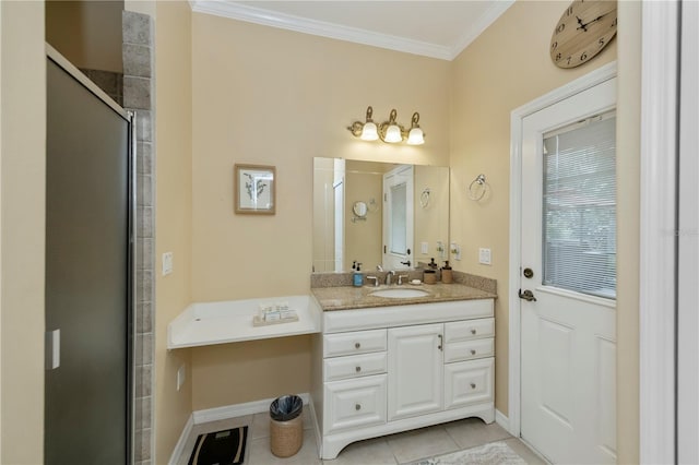 bathroom featuring tile patterned flooring, ornamental molding, vanity, and walk in shower