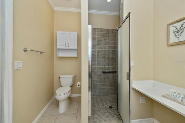 bathroom featuring tile patterned flooring, an enclosed shower, ornamental molding, and toilet