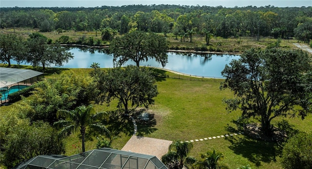 bird's eye view with a water view