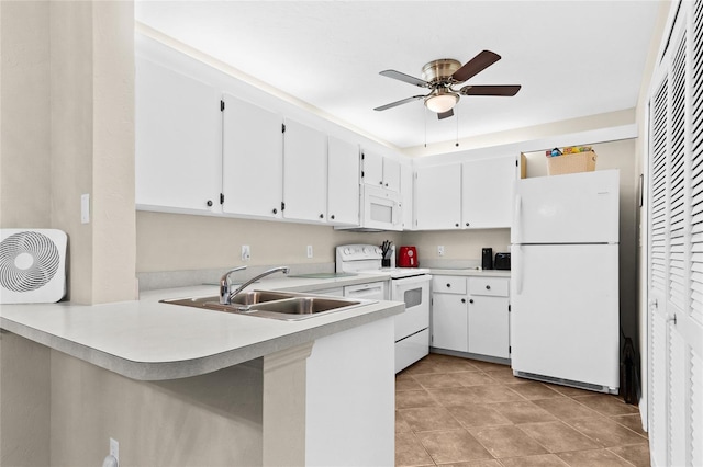 kitchen with sink, white cabinets, ceiling fan, kitchen peninsula, and white appliances