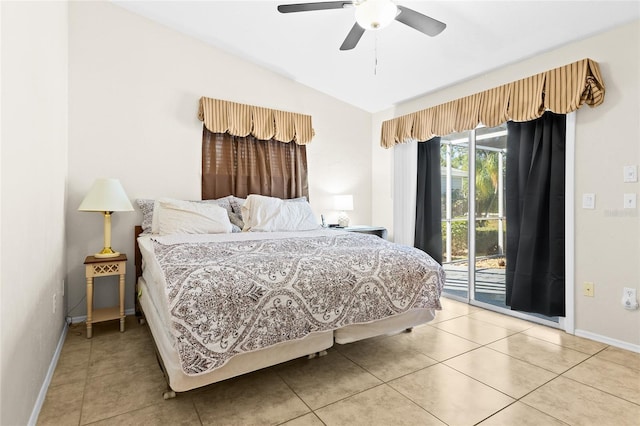 bedroom with tile patterned flooring, access to exterior, vaulted ceiling, and ceiling fan