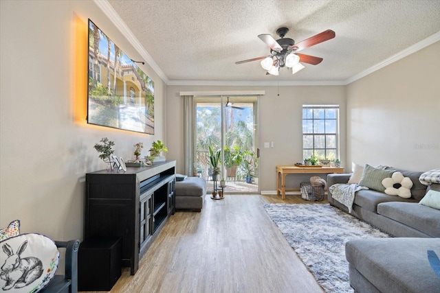 living room featuring ornamental molding, ceiling fan, a textured ceiling, and light hardwood / wood-style floors