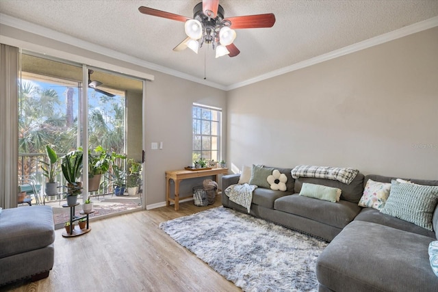 living room featuring ornamental molding, ceiling fan, a textured ceiling, and light hardwood / wood-style floors