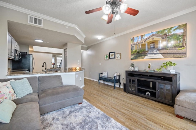 living room featuring sink, ceiling fan, ornamental molding, a textured ceiling, and light wood-type flooring