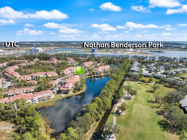 drone / aerial view featuring a water view