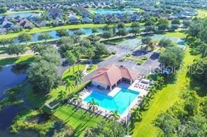 drone / aerial view with a water view