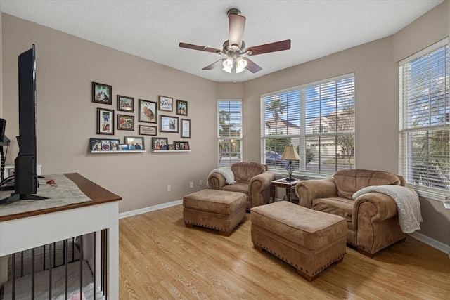 living area featuring light hardwood / wood-style floors and ceiling fan