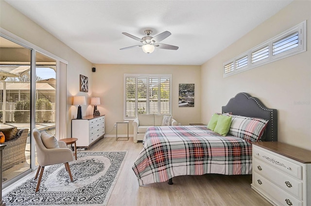 bedroom featuring ceiling fan, access to exterior, and light hardwood / wood-style flooring