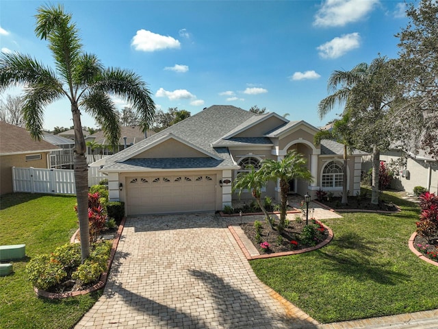 view of front of home featuring a garage and a front lawn