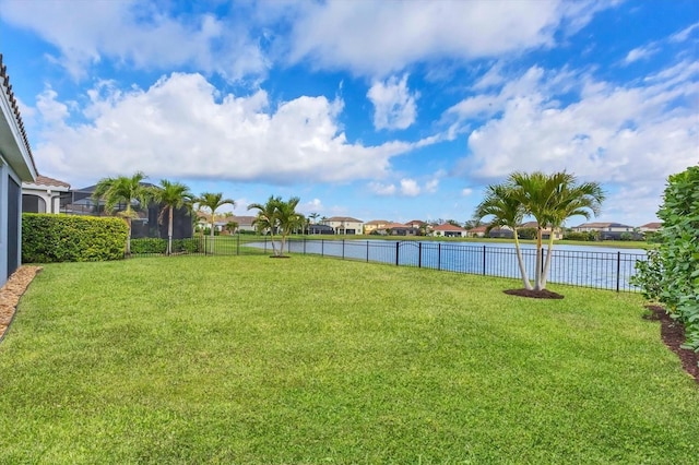 view of yard with a water view and a fenced backyard