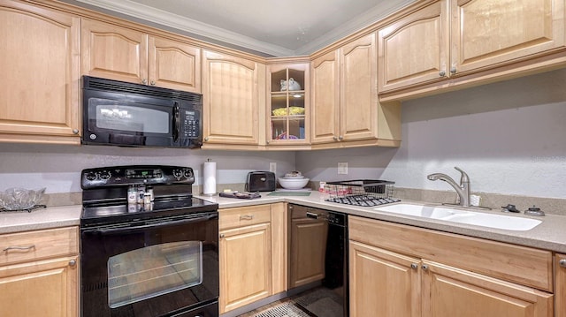 kitchen with sink, light brown cabinets, and black appliances