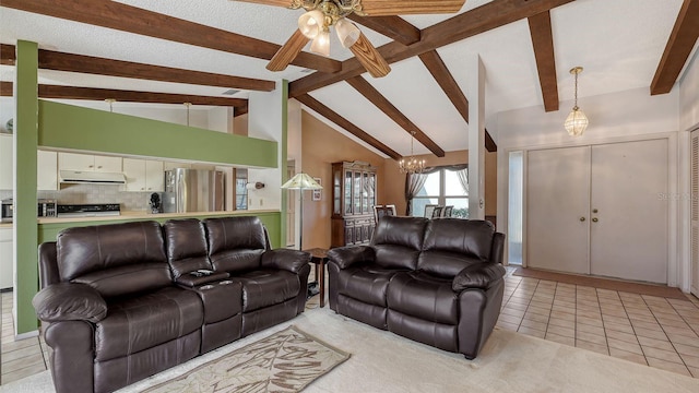 tiled living room featuring beamed ceiling, a notable chandelier, and high vaulted ceiling