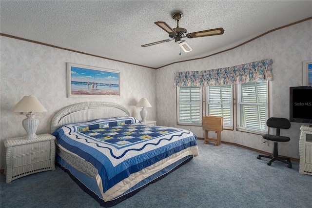 carpeted bedroom featuring ceiling fan, crown molding, vaulted ceiling, and a textured ceiling