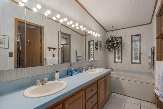 bathroom with lofted ceiling, crown molding, a textured ceiling, tile patterned floors, and a tub