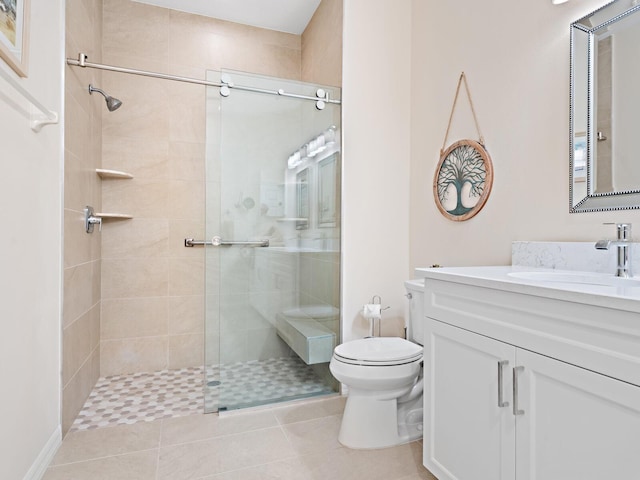 bathroom featuring toilet, tile patterned floors, a shower stall, and vanity