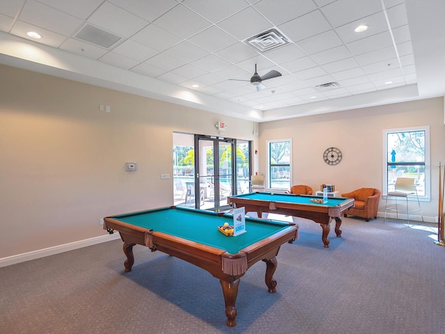 playroom featuring carpet floors, french doors, visible vents, and baseboards