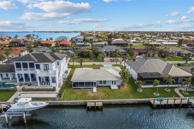 aerial view featuring a water view