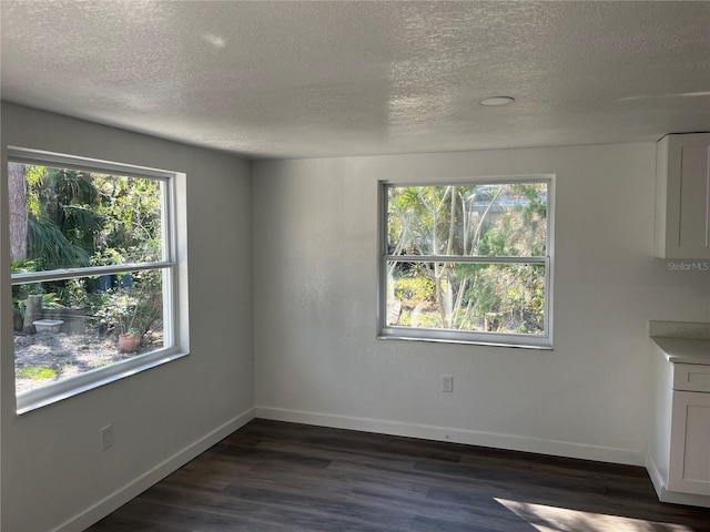 unfurnished dining area featuring dark wood-type flooring, plenty of natural light, and a textured ceiling