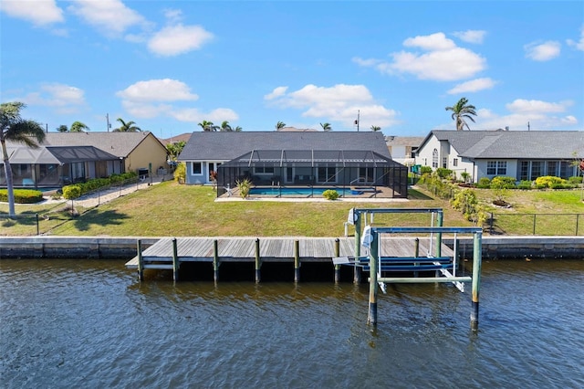 dock area with a fenced in pool, a water view, glass enclosure, and a lawn