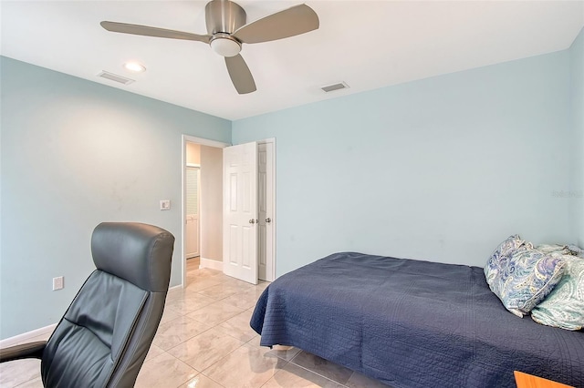 bedroom featuring visible vents, ceiling fan, and baseboards