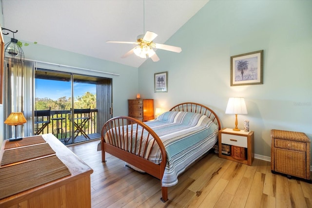 bedroom with access to exterior, vaulted ceiling, ceiling fan, and light wood-type flooring