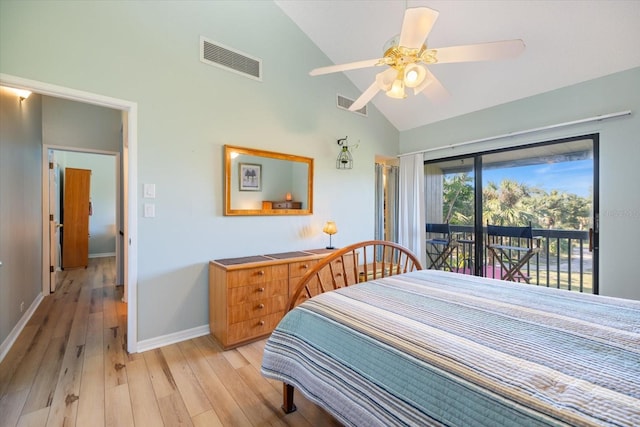 bedroom featuring light hardwood / wood-style flooring, access to outside, high vaulted ceiling, and ceiling fan