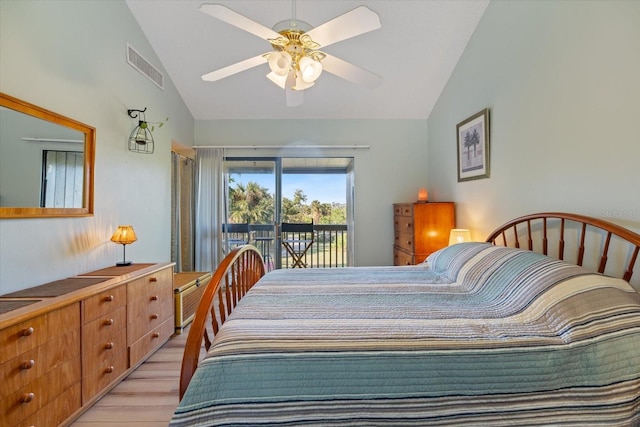 bedroom with access to exterior, high vaulted ceiling, ceiling fan, and light wood-type flooring