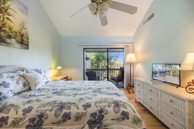 bedroom with lofted ceiling, access to exterior, light hardwood / wood-style flooring, and ceiling fan