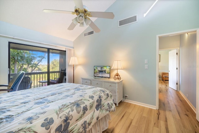 bedroom with ceiling fan, access to exterior, high vaulted ceiling, and light hardwood / wood-style flooring