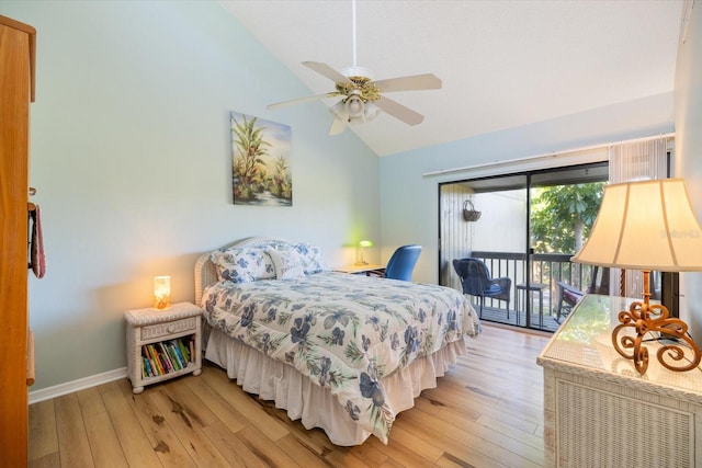 bedroom featuring lofted ceiling, access to outside, light hardwood / wood-style floors, and ceiling fan