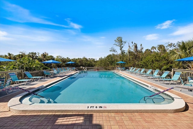 view of swimming pool featuring a patio area