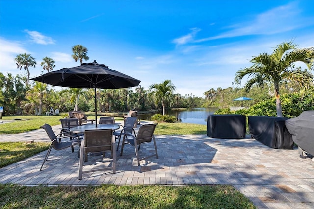 view of patio / terrace featuring a water view