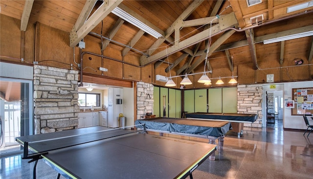 game room featuring wood ceiling, pool table, beam ceiling, and high vaulted ceiling