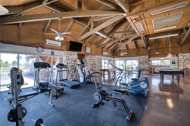 exercise room with ceiling fan, high vaulted ceiling, a wall mounted air conditioner, and wood ceiling