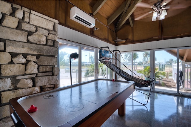 playroom featuring high vaulted ceiling, a wall mounted AC, concrete floors, ceiling fan, and beam ceiling