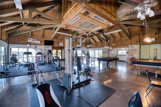 workout area featuring wood ceiling, ceiling fan, and high vaulted ceiling