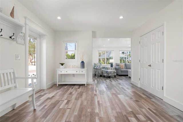 interior space featuring plenty of natural light, recessed lighting, light wood-type flooring, and baseboards