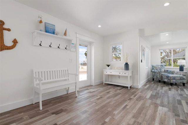 mudroom with plenty of natural light, recessed lighting, and light wood-style floors